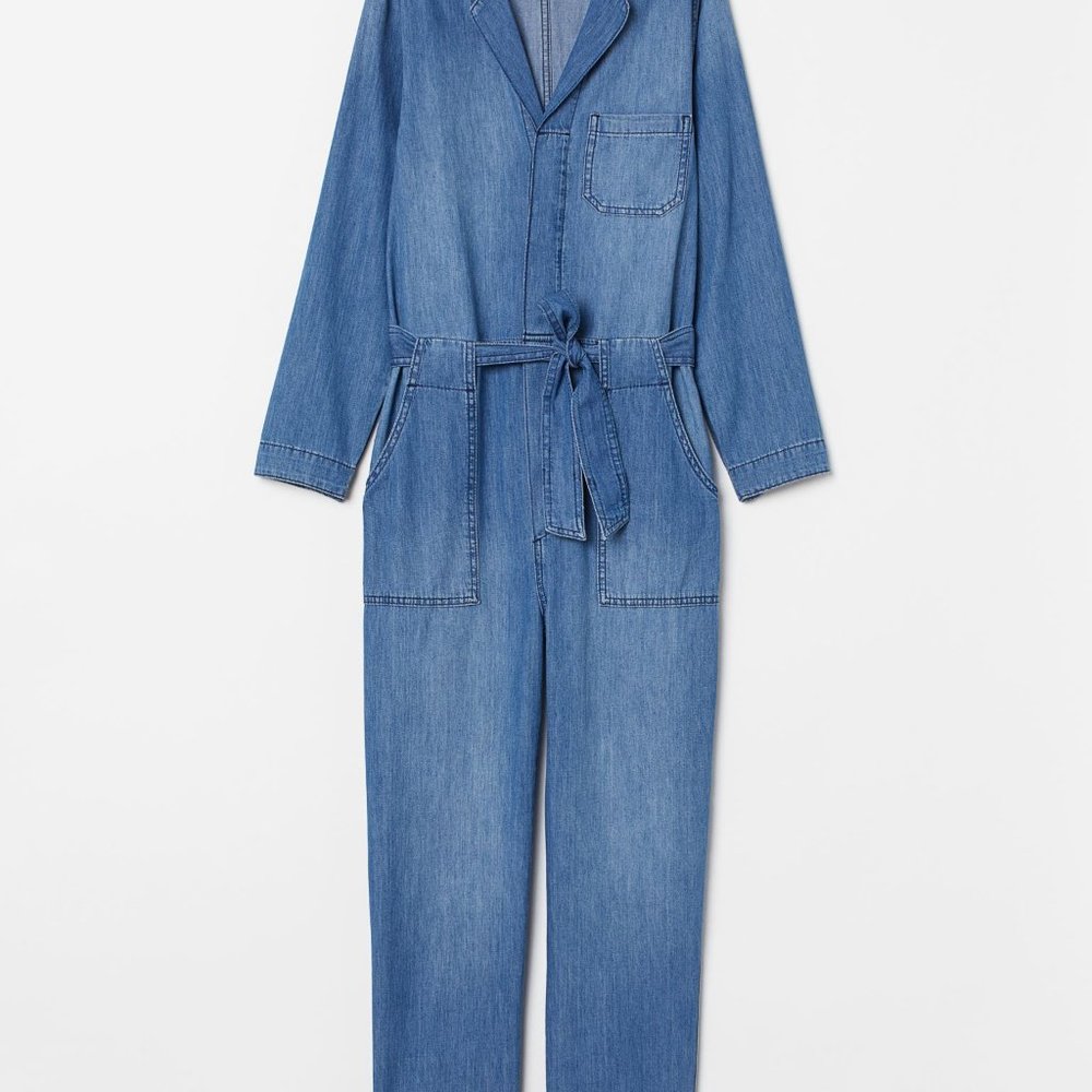 &denim Long Sleeve Tie Waist Light Denim Jumpsuit